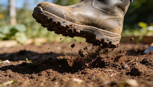 Muddy Knee-High Rubber Work Boot Stomping Soil and Sending Clods Flying in Garden Bed
