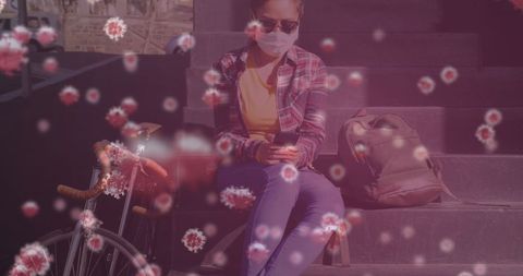 Woman with smartphone and covid-19 cells concept