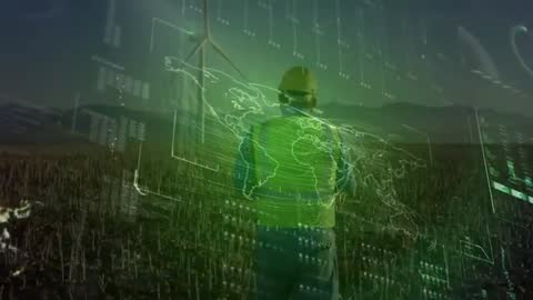 Engineer Analyzing Energy Data with Futuristic Holographs in Field