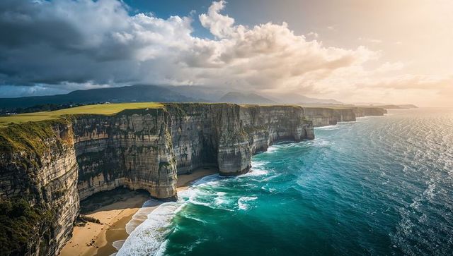 Dramatic layered coastal cliffs with turquoise surf and sunlit cloudscape panorama