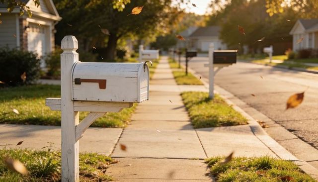 Worn white mailbox with red flag on suburban sidewalk during golden hour autumn