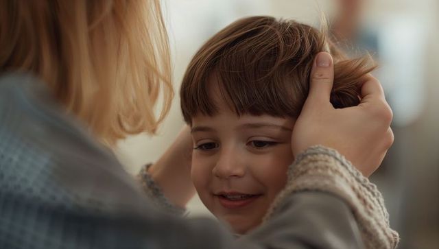Mother cradling young boy's head, gentle touch in knitted cuff, intimate family bond