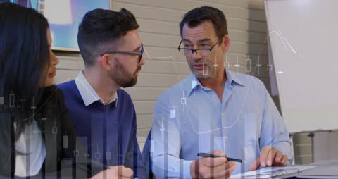 Diverse Team Discussing Financial Analysis with Data Overlay