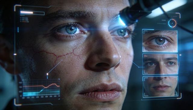 Scanning male face with biometric hud and optical iris scanner in futuristic clinical lab