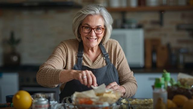 Senior woman cooking in rustic home kitchen