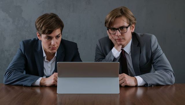 Two Young Professionals Reviewing Strategy on Tablet-Laptop during Office Meeting