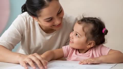 Mother guiding daughter through workbook at home, smiling, learning, tender bonding moment