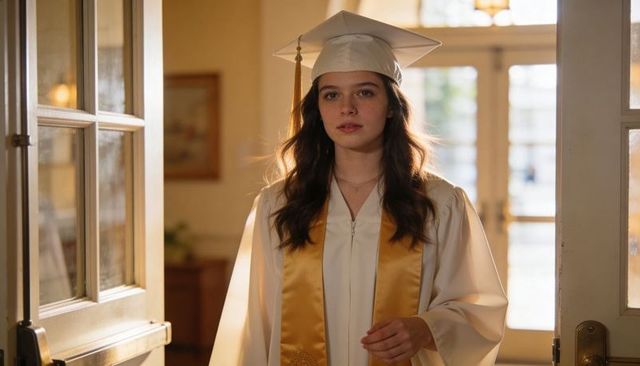 Teenage graduate wearing white mortarboard and gold stole standing in school foyer