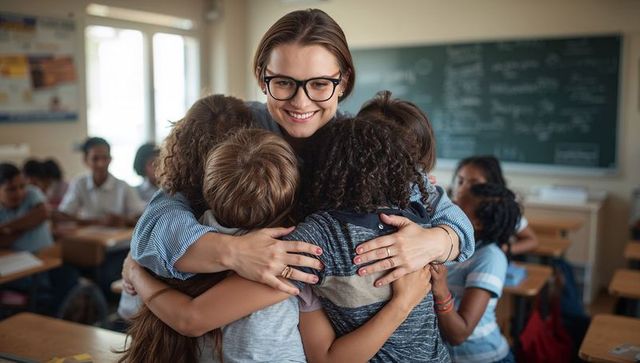 Warm teacher hugging diverse elementary students in classroom fostering support and trust