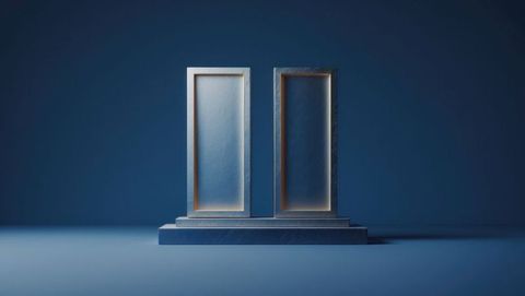 Minimalist art installation with illuminated panels on blue platform