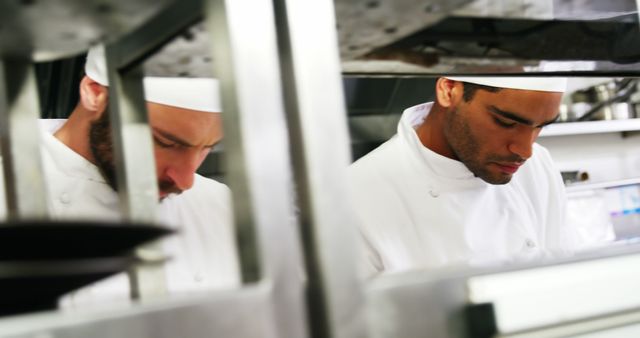 This image captures two male chefs in a professional kitchen, focused on their tasks. This can be used in advertising for culinary schools, chef recruitment, restaurant promotions, food and beverage industry materials, and articles on professional cooking.