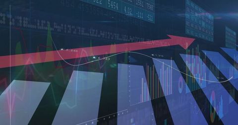 Holographic 3D Financial Dashboard Displaying Rising Market Trend with Red Arrow and Bar Charts