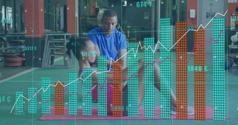 Personal Trainer Coaching Client with Fitness Growth Metrics Overlay