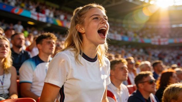 Young woman cheering passionately in sunlit stadium crowd during live sports match
