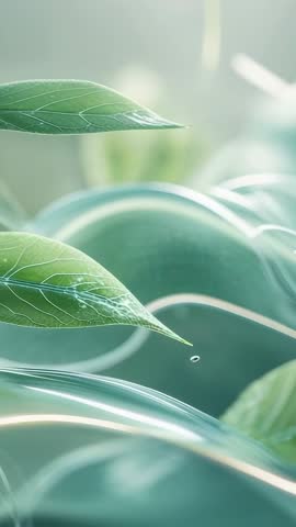 Detaching droplet from green leaf with rising bubbles in soft lab backdrop | Vertical video