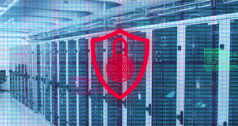 Digital Security Icon Overlaying Data Center Servers