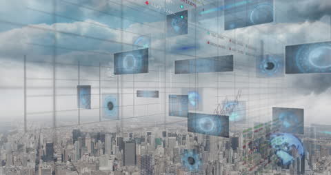 Futuristic Digital Display Over Urban Skyline Visualizing Data