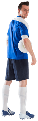 Transparent background of male soccer player holding ball