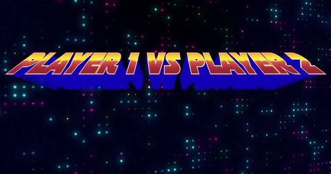 Retro arcade player versus screen with neon pixel background