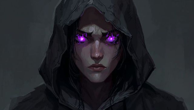 Hooded sorceress staring with glowing purple eyes, dark cloak, gothic fantasy portrait