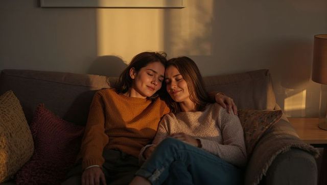 Couple sharing quiet golden hour moment on sofa wearing knit sweaters at home