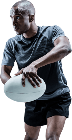 Transparent Determined Rugby Player Holding Ball in Action Stance