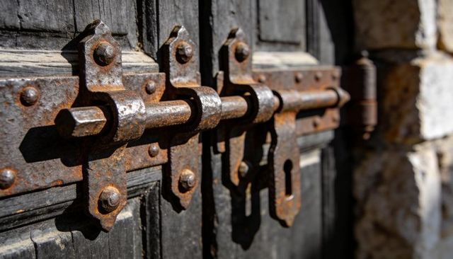 Rusting iron sliding bolt latch on weathered wood door with keyhole escutcheon and patina