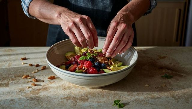 Hands arranging fresh fruit salad with almonds and mint in rustic ceramic bowl in sunlight
