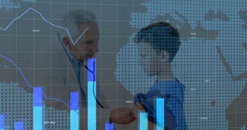 Doctor Using Stethoscope on Boy with Technology Overlays Illustrating Innovation