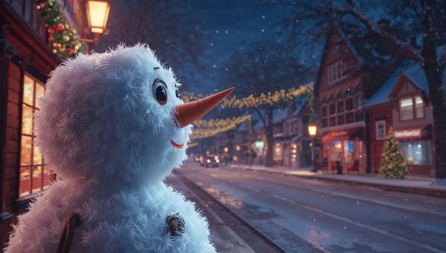Cozy Snowman Gazing at Beautiful Holiday Village at Night