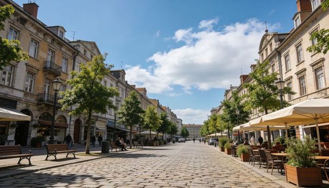 Sunlit european cobblestone boulevard with alfresco cafes, terraces, trees and benches