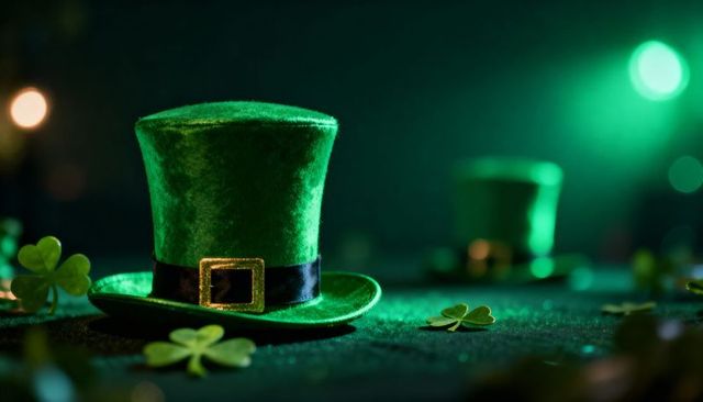 Celebrating St Patrick's Day with Green Velvet Leprechaun Top Hat and Shamrocks