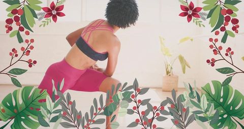 Lunging woman stretching in bright home studio with botanical border and activewear