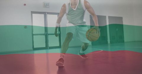 Basketball player dribbling over bulgarian flag layers
