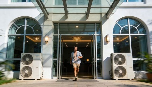 Man walking out of modern hotel lobby through glass doors with air conditioning units