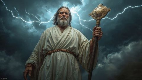 Mystical moses sage commanding storm with ancient staff in lightning