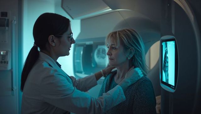 Radiologist adjusting patient's position for mri scan