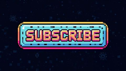 8-bit pixel subscribe button retro neon arcade interface with cyan magenta yellow borders