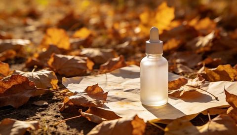 Frosted glass dropper bottle casting long shadow among sunlit autumn leaves on paper