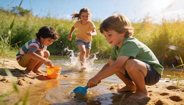 Children splashing and digging at sandy creek bank with bucket and shovel on sunny day