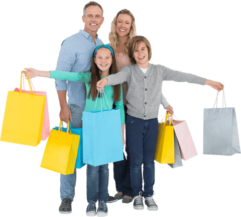 Transparent family enjoying shopping with colorful bags