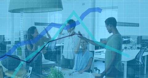 Business Energy: Diverse Team Celebrating Success With Interface Graphics