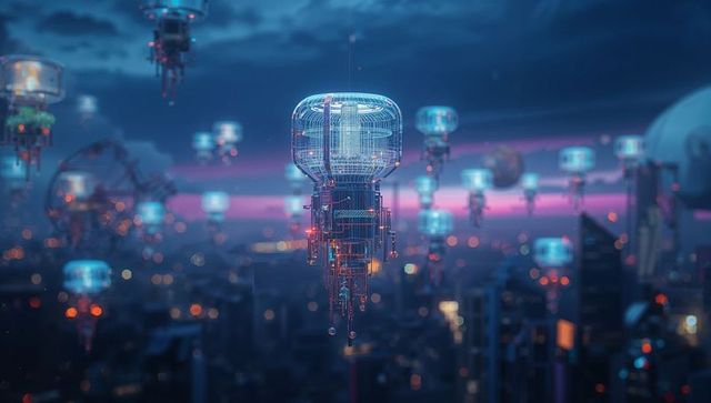 Futuristic data nodes floating over cyberpunk city at dusk