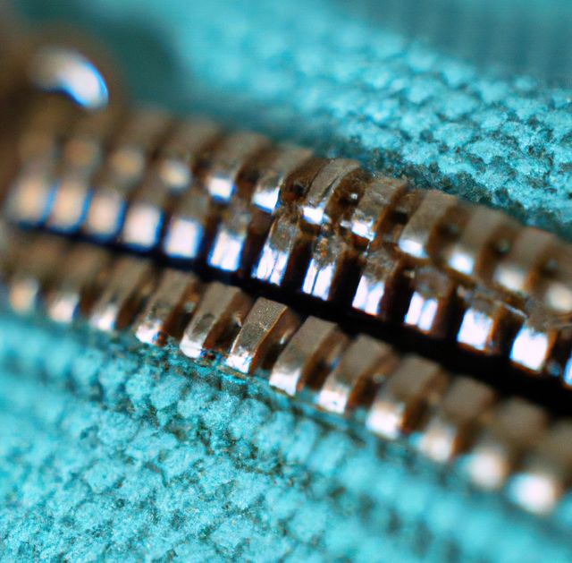 Image of close up of silver zipper and fabric background. Clothing, sewing and tailoring concept.