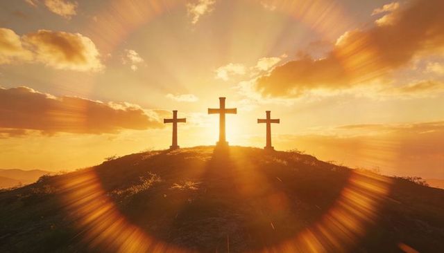 Sunrise silhouette of three crosses on hilltop with radiant sunbeams and lens flare