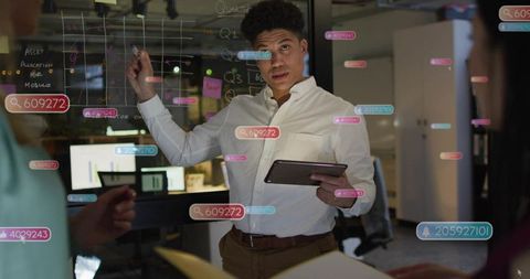 Young professional presenting data on glass wall with tablet during team brainstorming