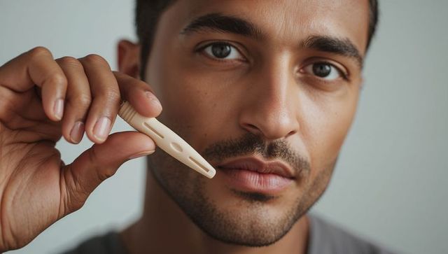 Closeup male portrait holding beige perforated facial tool near face, studio skincare