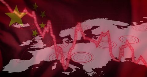 Financial Data Connections Display on European Map with Chinese Flag