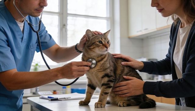 Veterinarian examining tabby cat on exam table while owner comforting and steadying feline