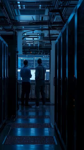 Monitoring Server Metrics in Server Room, Techs Checking Network Analytics - Vertical Video